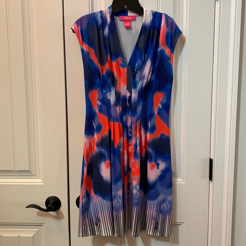 CATHERINE MALANDRINO Blue Orange Sleeveless MIDI Dress S